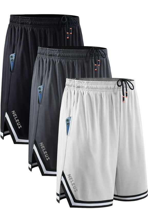 Mens 6" Athletic Shorts Quick Dry Mesh Running Workout Shorts with Pockets,Black+Gray+White,US Size L