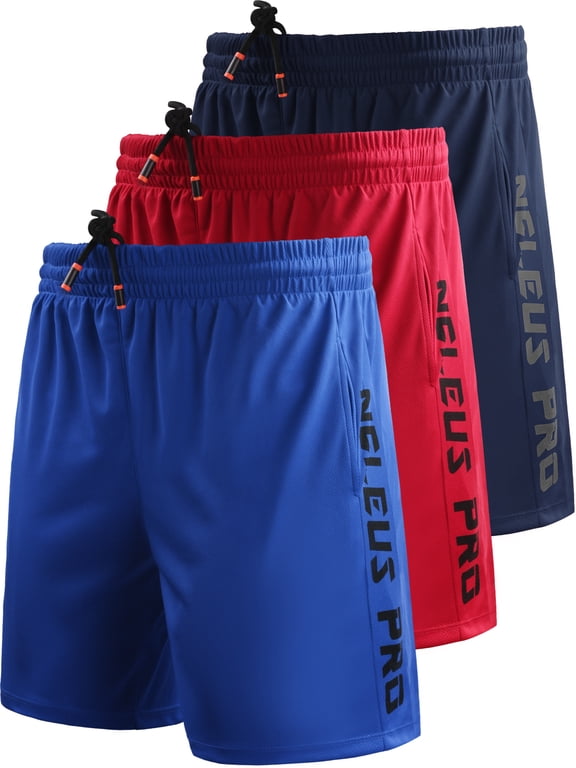 Mens 7" Workout Running Shorts Athletic Shorts Lightweight with Pockets,Blue+Navy Blue+Red,US Size XL