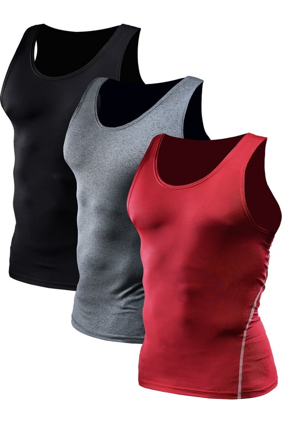 Mens Compression Tank Top Athletic Workout Base Layer Undershirt 3 Pack,Black+Gray+Red,US Size L