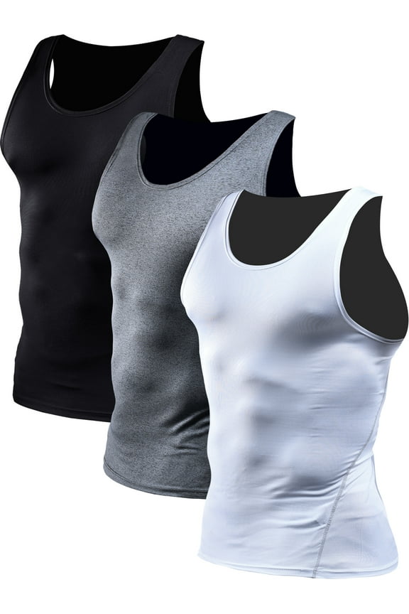 Mens Compression Tank Top Athletic Workout Base Layer Undershirt 3 Pack,Black+Gray+White,US Size M