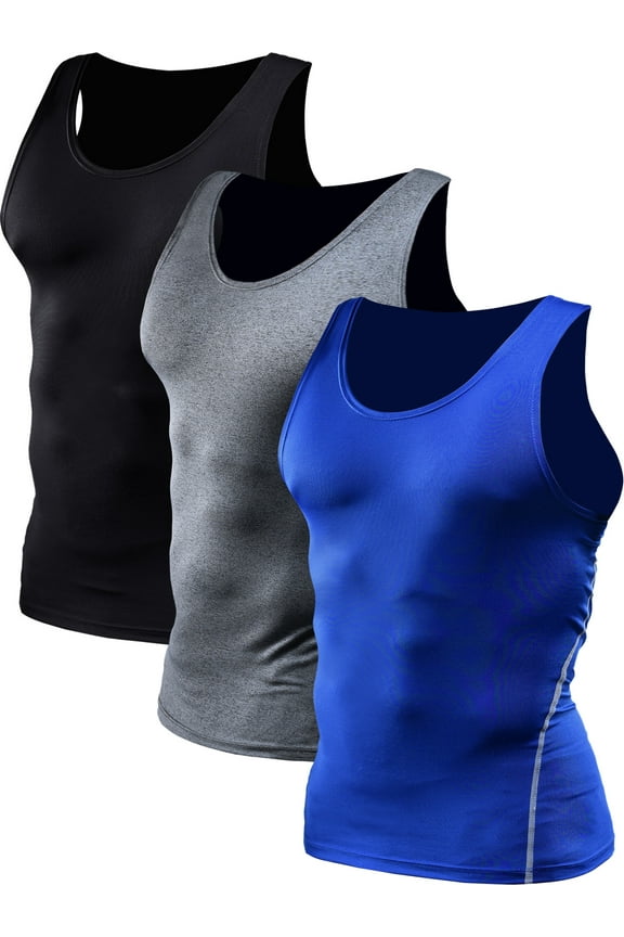 Mens Compression Tank Top Athletic Workout Base Layer Undershirt 3 Pack,Black+Gray+Blue,US Size 3XL