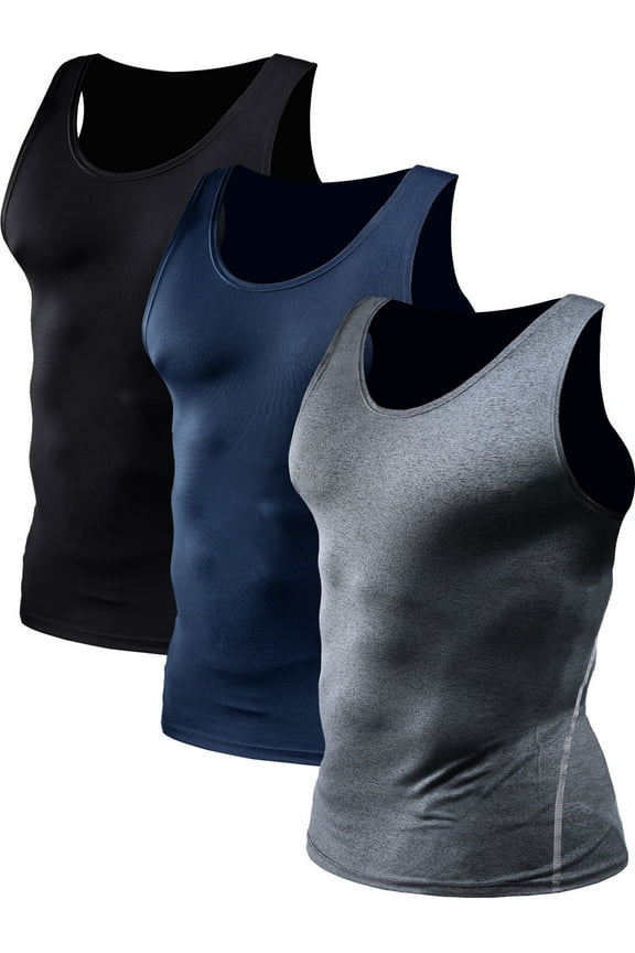 Mens Compression Tank Top Athletic Workout Base Layer Undershirt 3 Pack,Black+Gray+Navy Blue,US Size 3XL