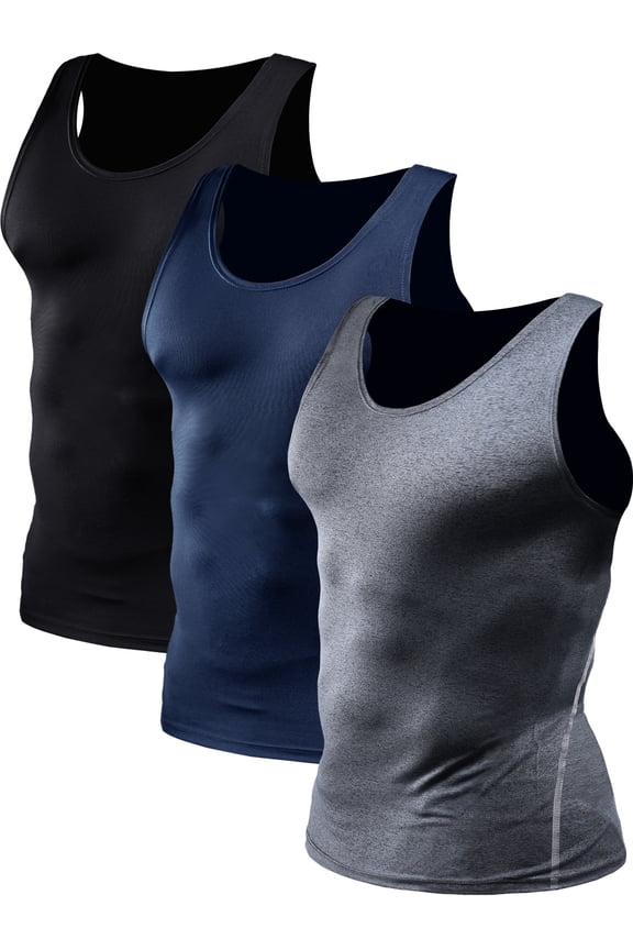 Mens Compression Tank Top Athletic Workout Base Layer Undershirt 3 Pack,Black+Gray+Navy Blue,US Size L