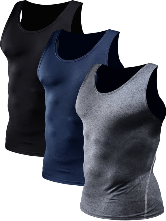Mens Compression Tank Top Athletic Workout Base Layer Undershirt 3 Pack,Black+Gray+Navy Blue,US Size XL