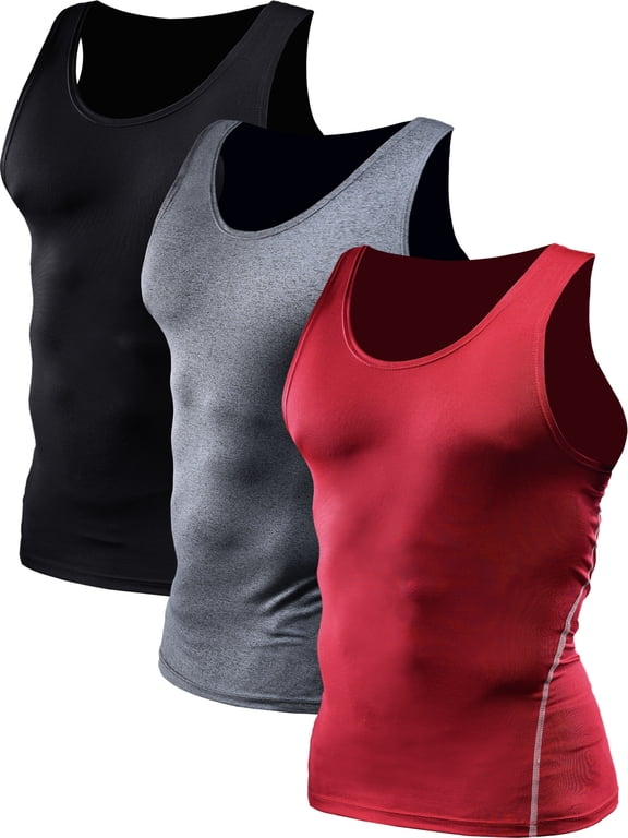 Mens Compression Tank Top Athletic Workout Base Layer Undershirt 3 Pack,Black+Gray+Red,US Size XL
