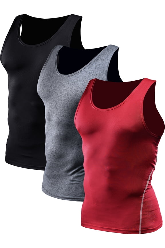 Mens Compression Tank Top Athletic Workout Base Layer Undershirt 3 Pack,Black+Gray+Red,US Size XL