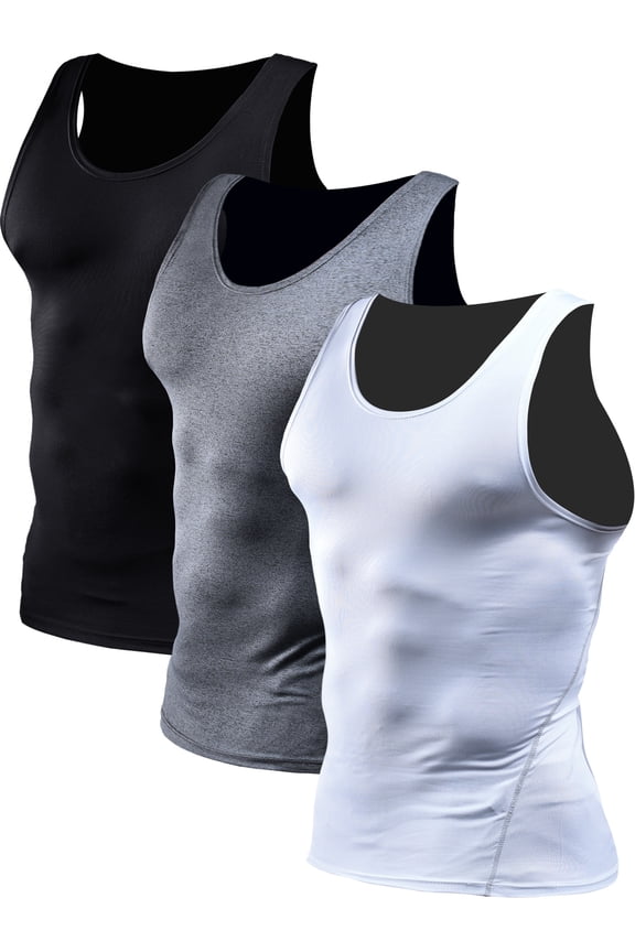 Mens Plus Size Compression Tank Top Athletic Workout Base Layer Undershirt 3 Pack,Black+Gray+White,US Size 2XL