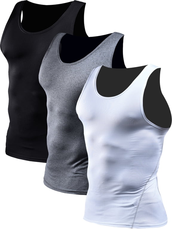 Mens Compression Tank Top Athletic Workout Base Layer Undershirt 3 Pack,Black+Gray+White,US Size M