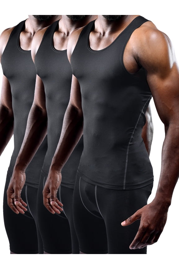 Mens Compression Tank Top Athletic Workout Base Layer Undershirt 3 Pack,Black,US Size L