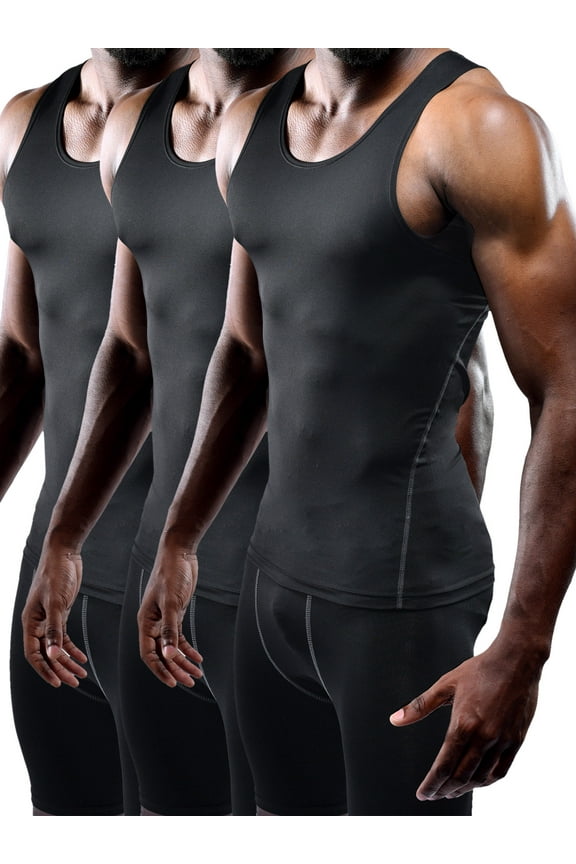 Mens Compression Tank Top Athletic Workout Base Layer Undershirt 3 Pack,Black,US Size XL