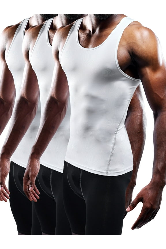 Mens Compression Tank Top Athletic Workout Base Layer Undershirt 3 Pack,White,US Size XL