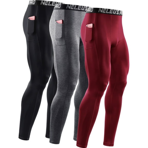 NELEUS Mens Tights Leggings Compression Pants Base layer Workout Dry Fit With Phone Pockets,Black+Gray+Red,US Size 2XL