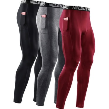 NELEUS Mens Tights Leggings Compression Pants Base layer Workout Dry Fit With Phone Pockets,Black+Gray+Red,US Size M