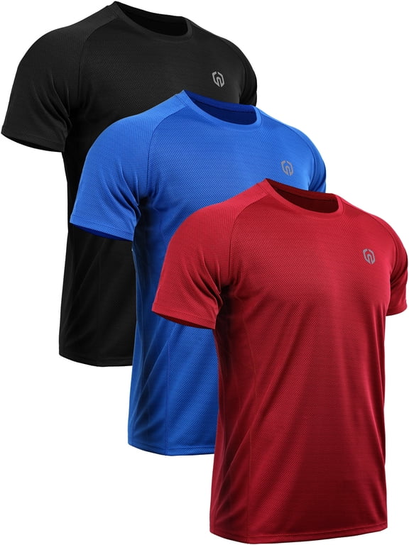 Mens Dry Fit Mesh Athletic Shirts 3 Pack,Black+Blue+Red,US Size L