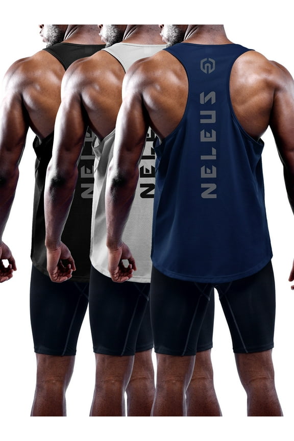 Mens Muscle Gym Tank Top Dry Fit Y-Back Sleeveless 3 Pack,Black+Gray+Navy Blue,US Size M