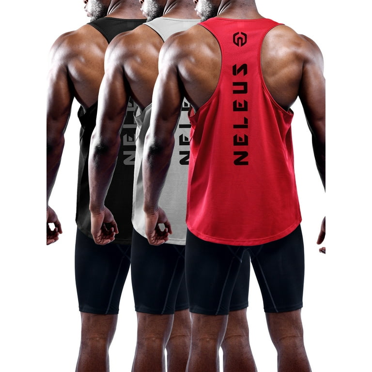 NELEUS Mens Dry Fit Y-Back Muscle Tank Top 3 Pack,Black+Gray+Red,US Size L  