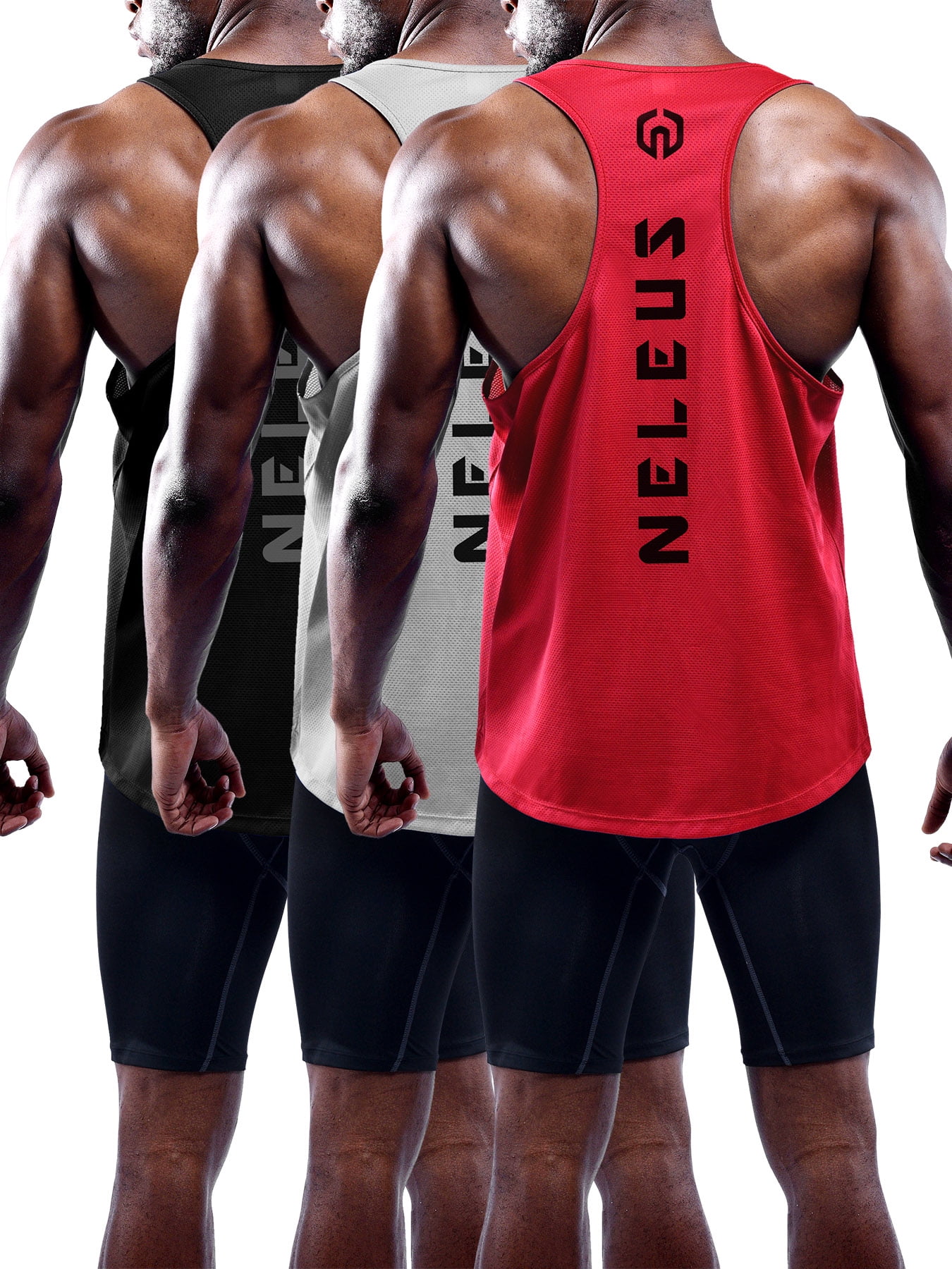 NELEUS Mens Muscle Gym Tank Top Dry Fit Y-Back Sleeveless 3 Pack,Black+Gray+Red,US Size XL