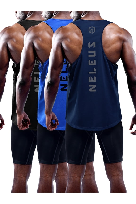 Mens Muscle Gym Tank Top Dry Fit Y-Back Sleeveless 3 Pack,Black+Blue+Navy Blue,US Size S