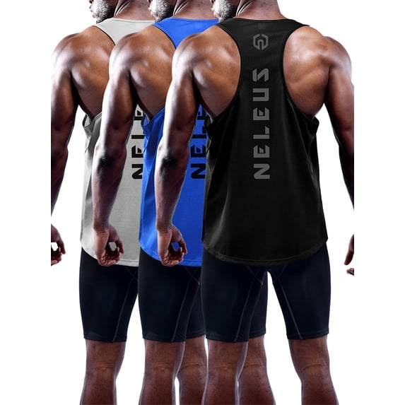 NELEUS Mens Plus Size Muscle Gym Tank Top Dry Fit Y-Back Sleeveless 3 Pack,Black+Gray+Blue,US Size 3XL