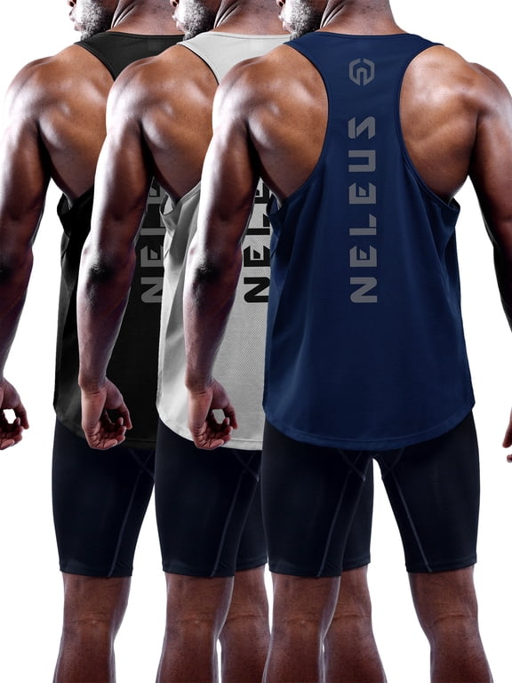 Mens Plus Size Muscle Gym Tank Top Dry Fit Y-Back Sleeveless 3 Pack,Black+Gray+Navy Blue,US Size 2XL