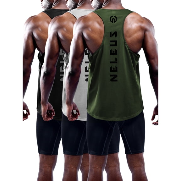 NELEUS Mens Muscle Gym Tank Top Dry Fit Y-Back Sleeveless 3 Pack,Black+Gray+Olive Green,US Size L