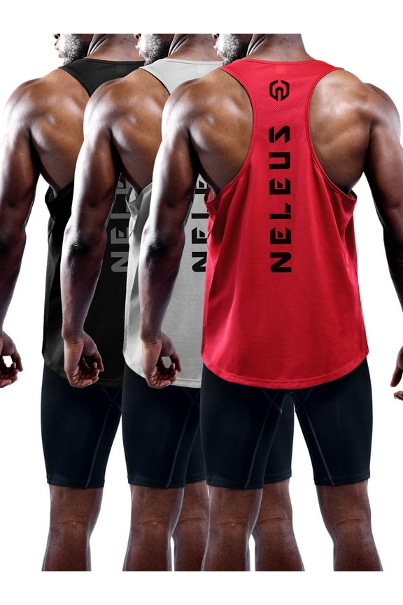 Mens Muscle Gym Tank Top Dry Fit Y-Back Sleeveless 3 Pack,Black+Gray+Red,US Size S