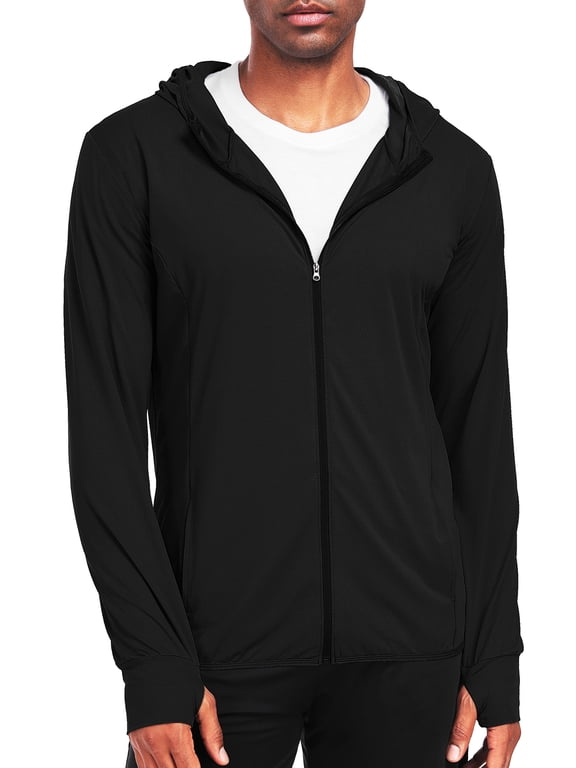 Mens UPF 50+ Hooded Athletic Jackets for Fishing Hiking High Collar Full Zipper with Thumb Holes and Pockets,Black,US Size S