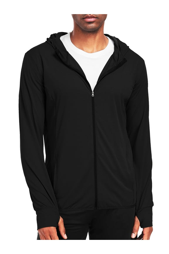 Mens UPF 50+ Hooded Athletic Jackets for Fishing Hiking High Collar Full Zipper with Thumb Holes and Pockets,Black,US Size L