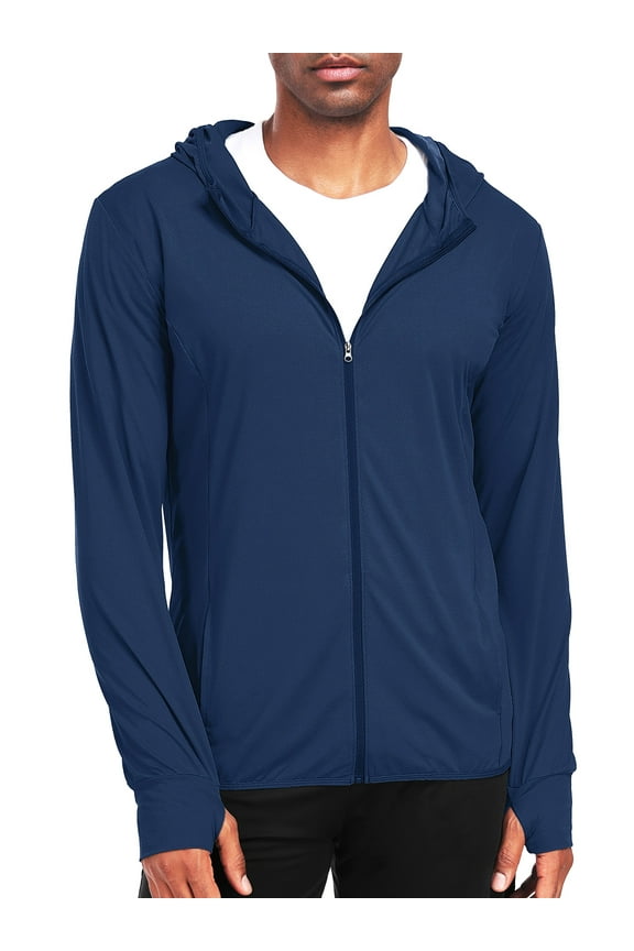 Mens UPF 50+ Hooded Athletic Jackets for Fishing Hiking High Collar Full Zipper with Thumb Holes and Pockets,Navy Blue,US Size XL