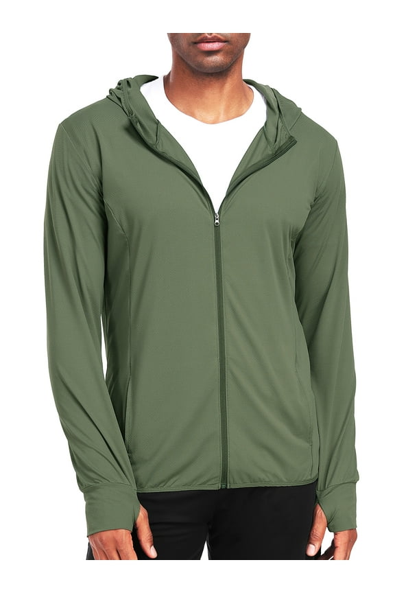 Mens UPF 50+ Hooded Athletic Jackets for Fishing Hiking High Collar Full Zipper with Thumb Holes and Pockets,Olive Green,US Size XL