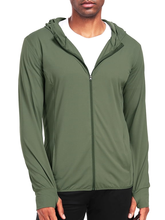 Mens UPF 50+ Hooded Athletic Jackets for Fishing Hiking High Collar Full Zipper with Thumb Holes and Pockets,Olive Green,US Size L