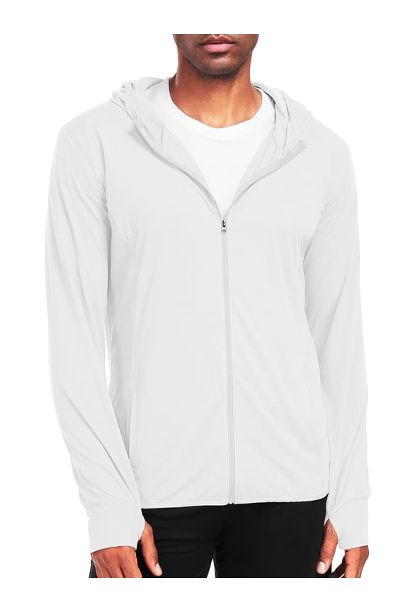 Mens UPF 50+ Hooded Athletic Jackets for Fishing Hiking High Collar Full Zipper with Thumb Holes and Pockets,White,US Size S