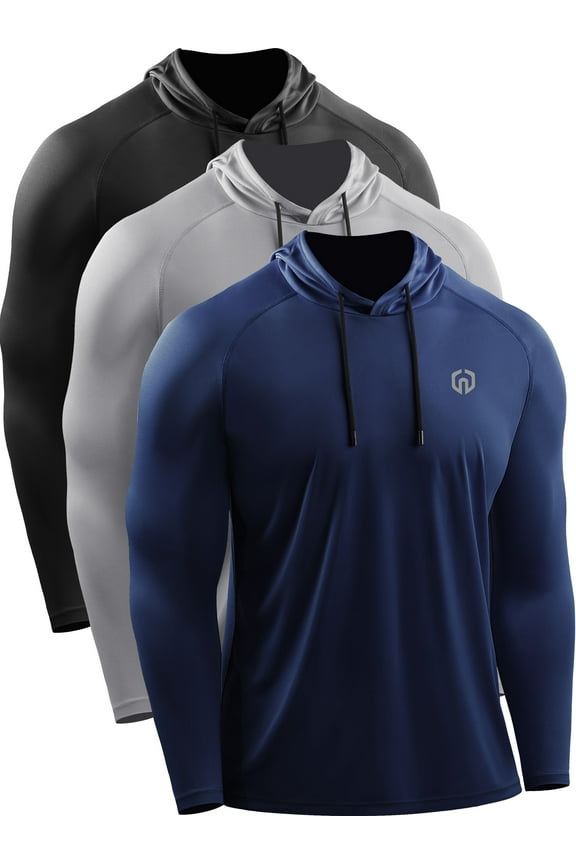 Mens UPF 50+ Long Sleeve Shirts Hoodies Sun Protection Workout Dry Fit,Black+Gray+Navy Blue,US Size L