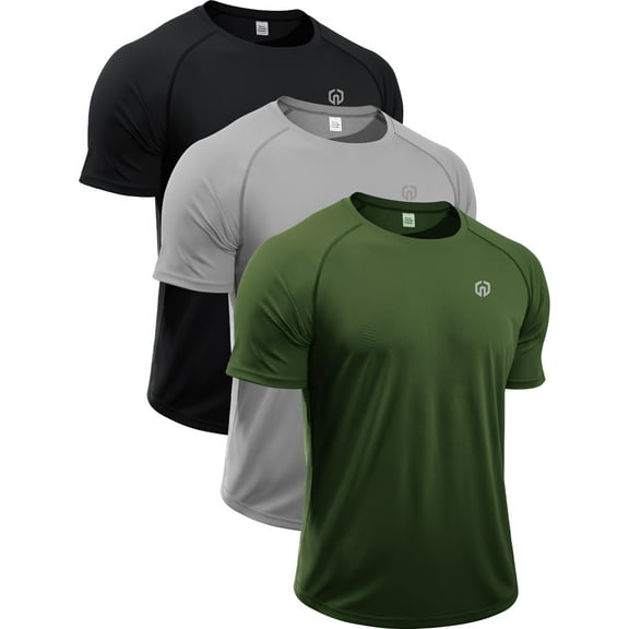 NELEUS Mens UPF 50+ Shirt SPF Sun Protection Quick Dry Short Sleeve Shirt 3 Pack,Black+Gray+Olive Green,US Size L