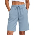 thumbnail image 1 of NELEUS Women's 9" Bermuda Shorts Waffle Knit High Waisted Breathable Lounge Casual Shorts with Pockets,Light Blue,US Size S, 1 of 11