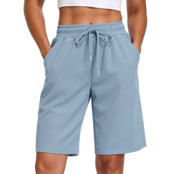 NELEUS Women's 9" Bermuda Shorts Waffle Knit High Waisted Breathable Lounge Casual Shorts with Pockets,Light Blue,US Size S