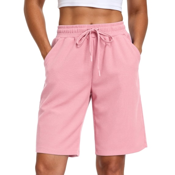 NELEUS Women's 9" Bermuda Shorts Waffle Knit High Waisted Breathable Lounge Casual Shorts with Pockets,Pink,US Size M