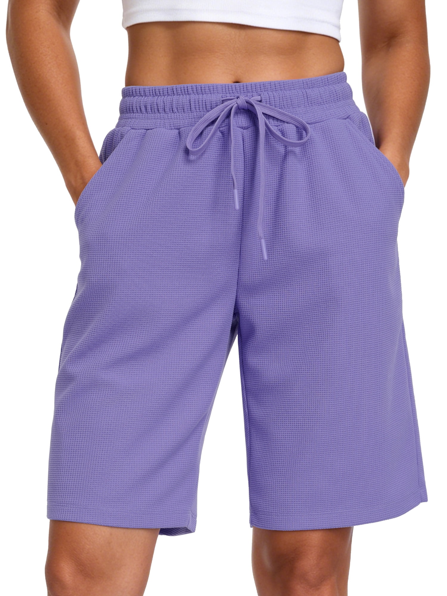 NELEUS Women's 9" Bermuda Shorts Waffle Knit High Waisted Breathable Lounge Casual Shorts with Pockets,Purple,US Size L