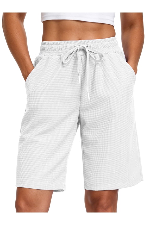 Women's 9" Bermuda Shorts Waffle Knit High Waisted Breathable Lounge Casual Shorts with Pockets,White,US Size L
