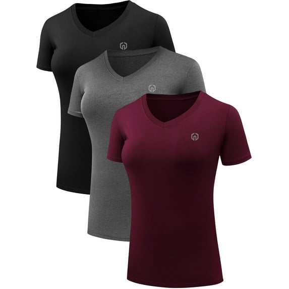 NELEUS Women's Compression Shirt Yoga Tight Tops Workout Athletic Short Sleeves 3 Pack,Black+Gray+Red Wine,US Size XL
