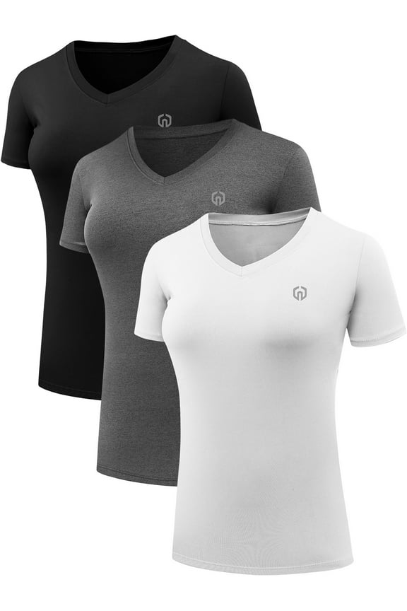 Women's Compression Shirt Yoga Tight Tops Workout Athletic Short Sleeves 3 Pack,Black+Gray+White,US Size 2XL
