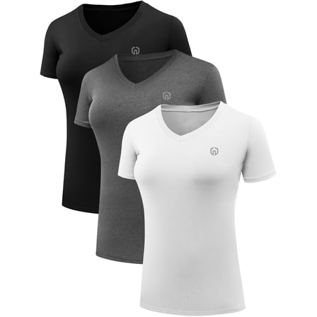 NELEUS Women's Compression Shirt Yoga Tight Tops Workout Athletic Short Sleeves 3 Pack,Black+Gray+White,US Size M
