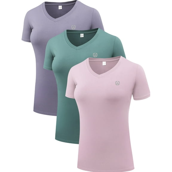 NELEUS Women's Compression Shirt Yoga Tight Tops Workout Athletic Short Sleeves 3 Pack,Blackish Green Purple Pink,US Size L