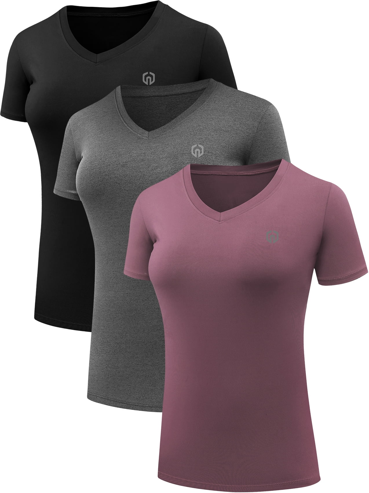 NELEUS Women's Compression Workout Athletic Shirt Yoga Tight Tops Short  Sleeves 3 Pack,Black+Gray+Rosy Brown,US Size M 