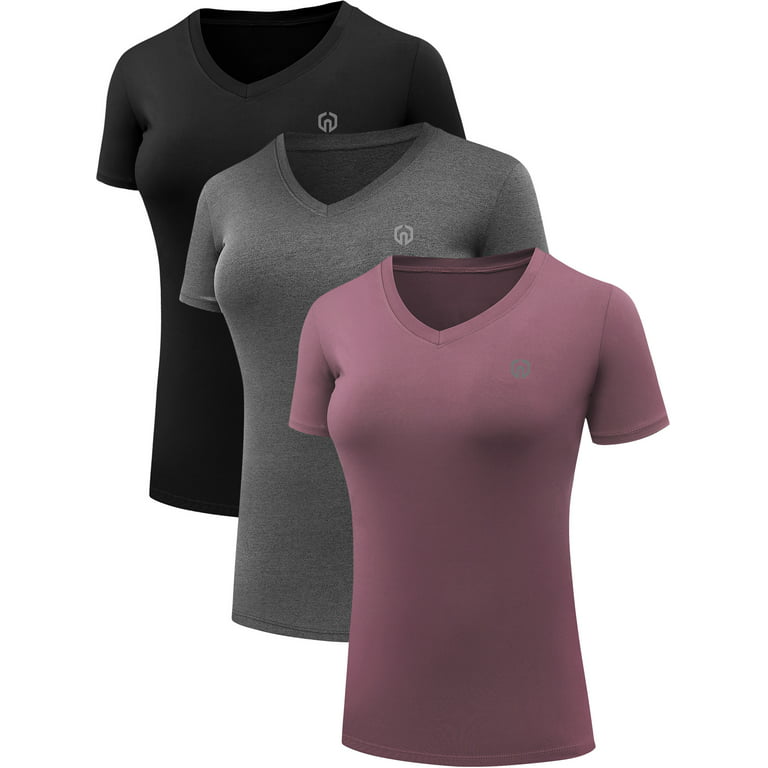 NELEUS Women's Compression Workout Athletic Shirt Yoga Tight Tops Short  Sleeves 3 Pack,Black+Gray+Rosy Brown,US Size M