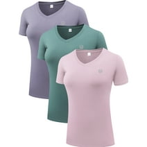 NELEUS Women's Compression Workout Athletic Shirt Yoga Tight Tops Short Sleeves 3 Pack,Blackish Green+Purple+Pink,US Size M