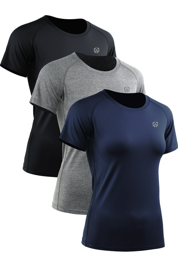 Women's Quick Dry Workout Athletic Shirt Yoga Tops Raglan Short Sleeves Slim Fitting,Black+Gray+Navy Blue,US Size M