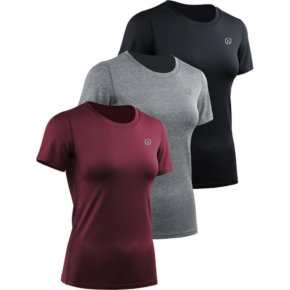 NELEUS Women's Workout Athletic Shirt Yoga Quick Dry Slim Fitting Tops Short Sleeves,Black+Gray+Red Wine,US Size XL