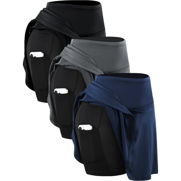 NELEUS Womens 2 in 1 Tennis Skirts High Waisted Athletic Golf Skirt with Pockets,Black Gray Navy Blue,US Size L