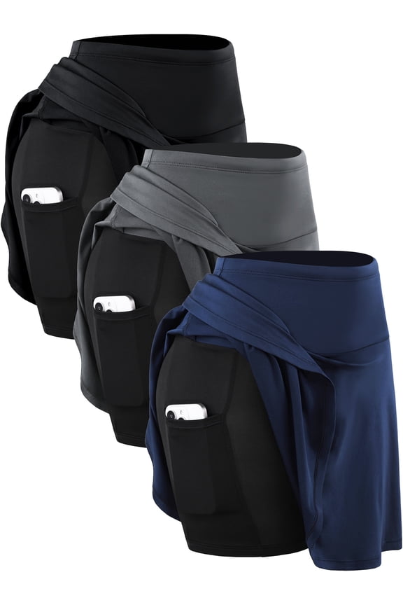 Womens 2 in 1 Tennis Skirts High Waisted Athletic Golf Skirt with Pockets,Black+Gray+Navy Blue,US Size M